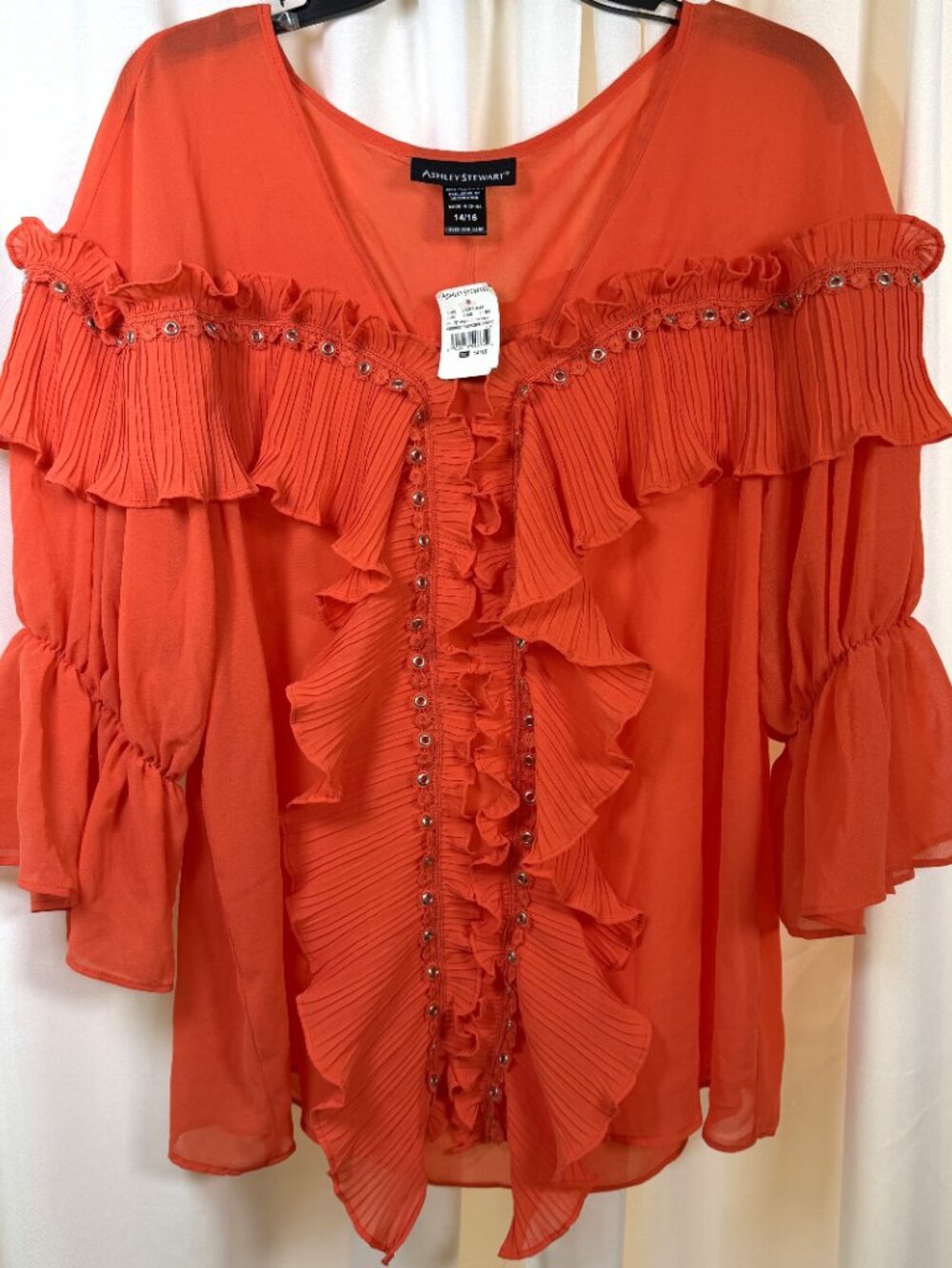 NWT Women's Ashley Stewart Sheer Grommeted Ruffled Pleated Coral Blouse Sz 14/16